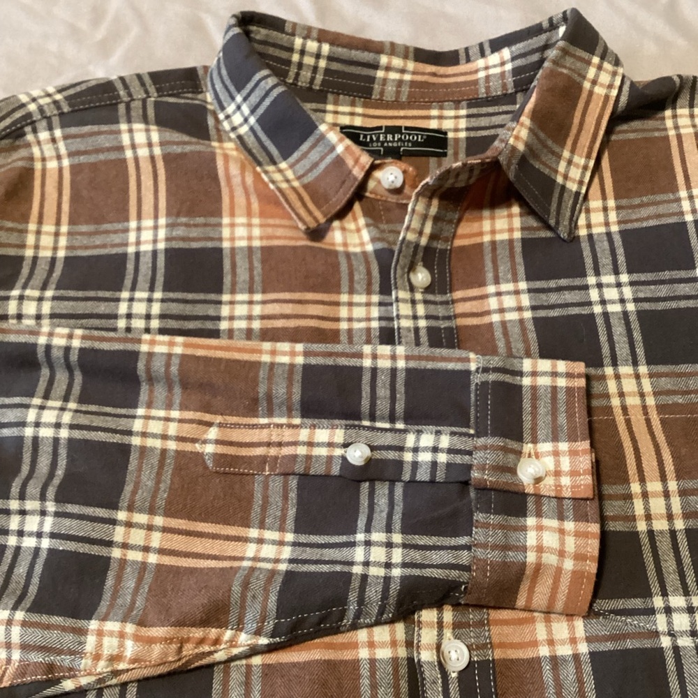 Liverpool Los Angeles Men's XL Flannel Shirt Brown/Orange Plaid Outdoors Grunge